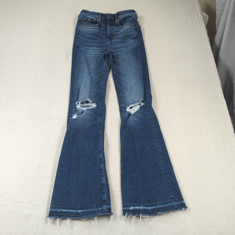 American Eagle Jeans Womens 2 Blue High Rise Flare Stretch Boho Hippie Frayed